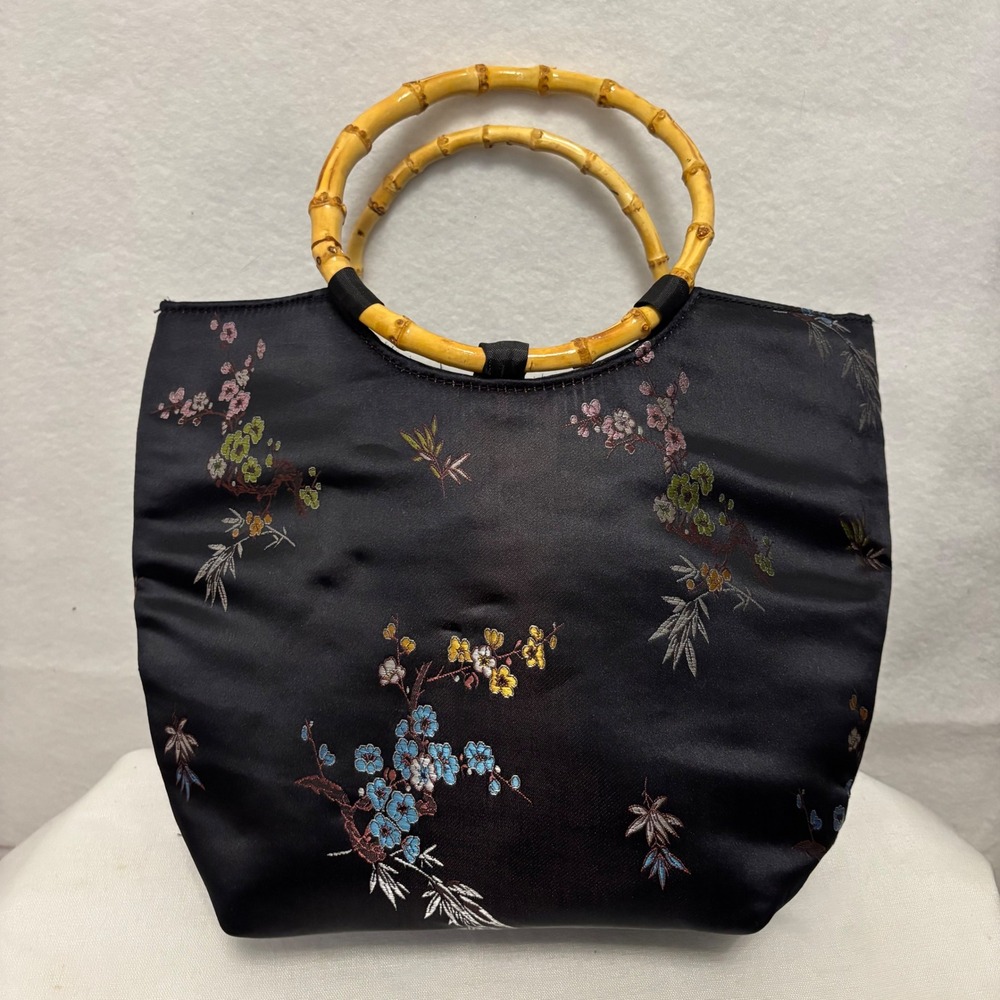 Vintage Black Satin Floral Embroidered Handbag with Bamboo Circle Handles